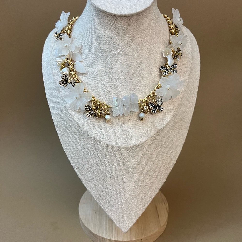 Handmade Gold & White Crystal Statement Necklace – Fairycore Bridal Charm